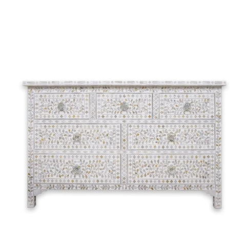 Jaipuri Floral Mother of Pearl 7-Drawer Chest | Artisan Bedroom Dresser – Oakvello