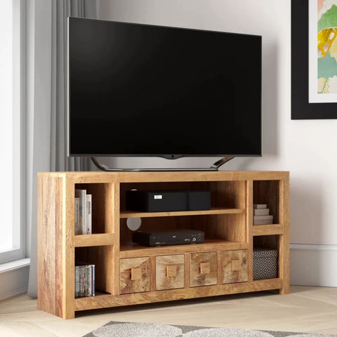 Jodhpuri Light Mango Wood Corner TV Unit | Solid Wood Media Console – Oakvello