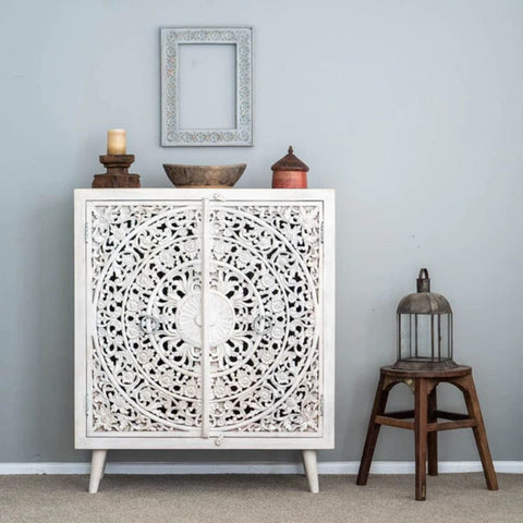 Hand Carved Mandala Solid Wood Cabinet | Artisan Storage Furniture – Oakvello