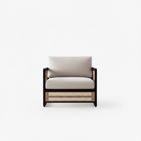 Veda Fabric Rattan Sofa | Walnut Wood Frame with Cane Weave – Oakvello