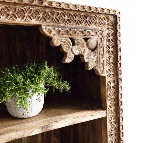 Hand Carved Solid Wood Storage Bookshelf with 3 Shelves | Living Room Display – Oakvello