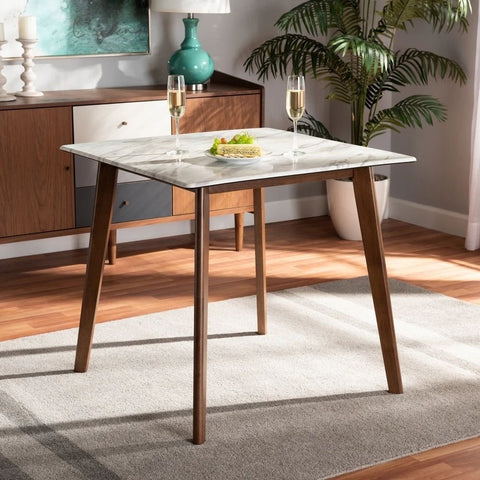 Walnut Brown Solid Wood Dining Table with Faux Marble Top | Kitchen Furniture – Oakvello