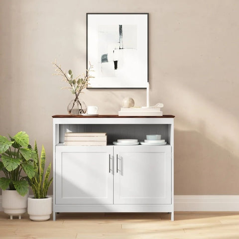 Walnut Top & White Frame Sideboard Buffet | Open & Closed Storage – Oakvello
