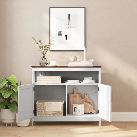 Walnut Top & White Frame Sideboard Buffet | Open & Closed Storage – Oakvello