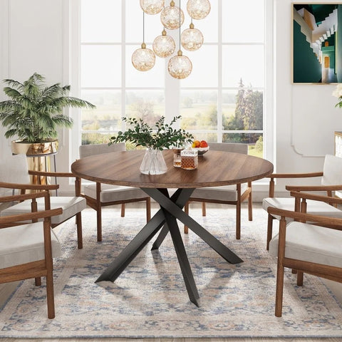 Solid Wood Round Dining Table with Carbon Steel Cross Base | Kitchen Furniture – Oakvello