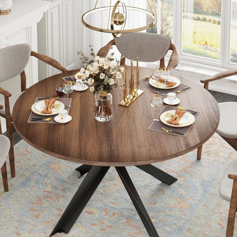 Solid Wood Round Dining Table with Carbon Steel Cross Base | Kitchen Furniture – Oakvello