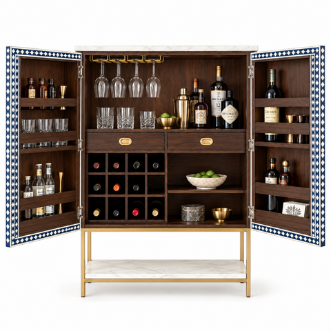 Blue & White Bone Inlay Bar Cabinet with Marble-Effect Top