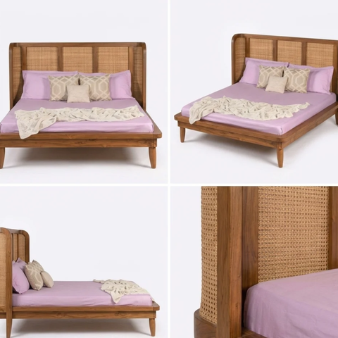 Aethel Handcrafted Teak Wood Cane Bed | Luxury Bedroom Furniture – Oakvello