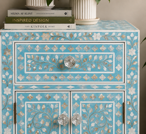Blue Floral Mother of Pearl Bedside Table | 1 Drawer & 2 Door Bedroom Nightstand – Oakvello