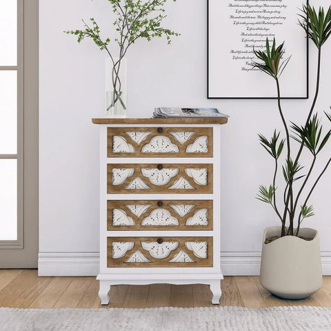 White & Natural Wood Vintage 4-Drawer Chest | Bedroom Storage Dresser – Oakvello