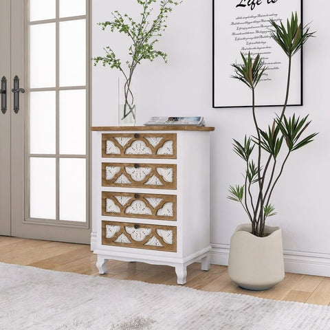 White & Natural Wood Vintage 4-Drawer Chest | Bedroom Storage Dresser – Oakvello