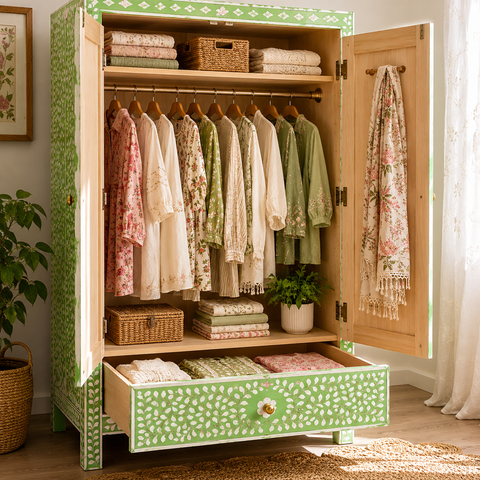 Green Mother of Pearl Armoire Wardrobe | Handcrafted Artisan Bedroom Storage – Oakvello