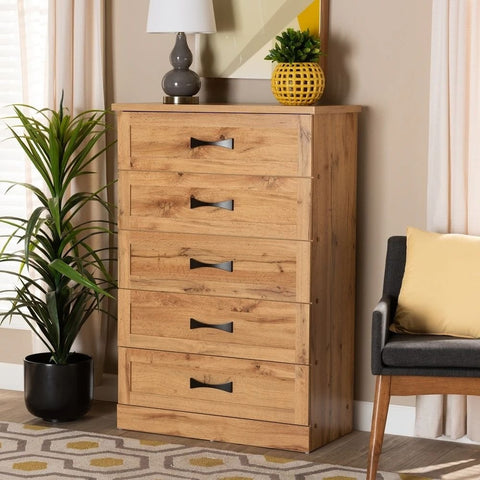 Oak Brown 5-Drawer Tallboy Storage Chest | Solid Wood Bedroom Dresser – Oakvello