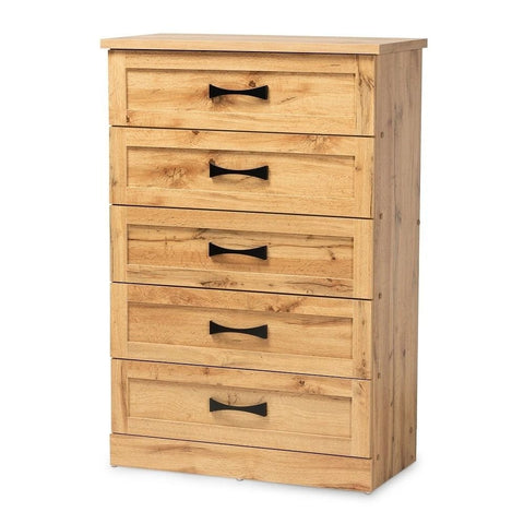 Oak Brown 5-Drawer Tallboy Storage Chest | Solid Wood Bedroom Dresser – Oakvello