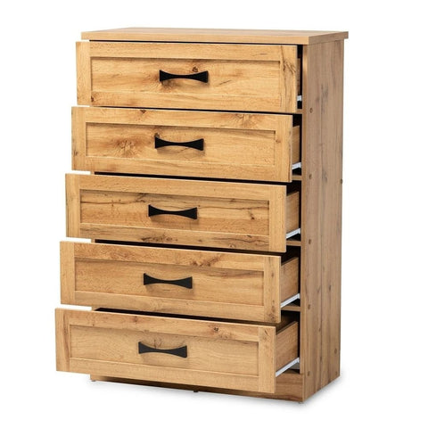 Oak Brown 5-Drawer Tallboy Storage Chest | Solid Wood Bedroom Dresser – Oakvello