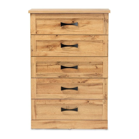 Oak Brown 5-Drawer Tallboy Storage Chest | Solid Wood Bedroom Dresser – Oakvello