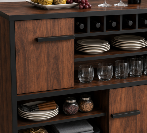 Walnut & Black Solid Wood 6-Shelf Wine Cabinet | Home Bar Storage – Oakvello