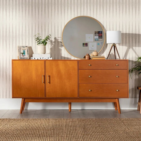 Mid-Century Modern Solid Wood Buffet Console | Living Room Storage – Oakvello