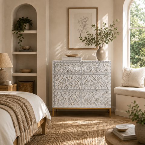 White Vine Bone Inlay 3-Drawer Dresser