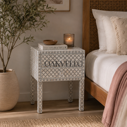 Moroccan Trellis Grey & White Bone Inlay 2-Drawer Bedside Table