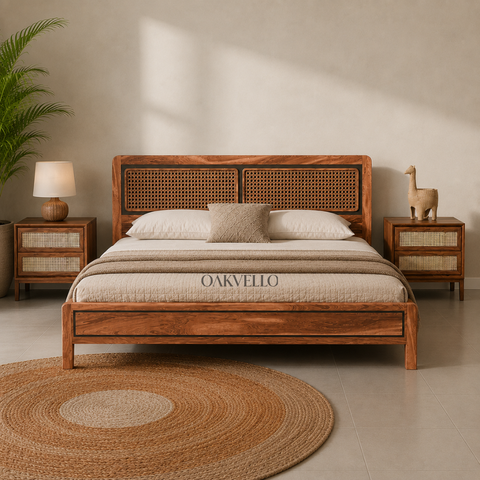Nami Bed | Solid Mango Wood & Rattan Cane Platform Bed