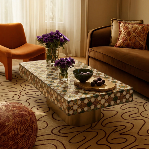 Orbis Handcrafted Teak Wood Coffee Table | Star Pattern Living Room – Oakvello