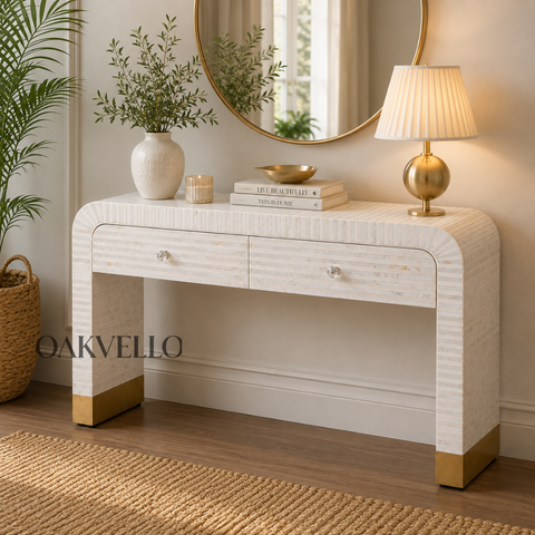 Ivory Bone Inlay Arch Console Table with Gold Brass Feet