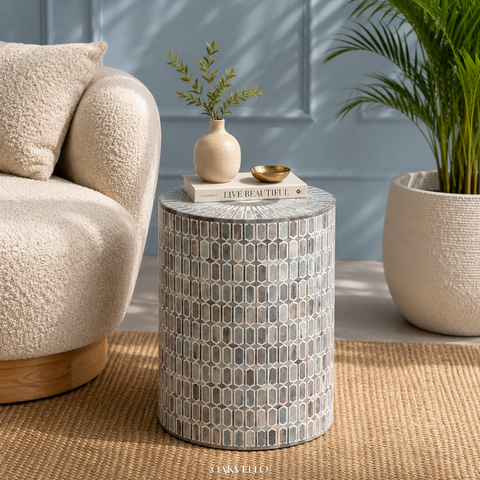 Silver Hex Shell Inlay Drum Side Table