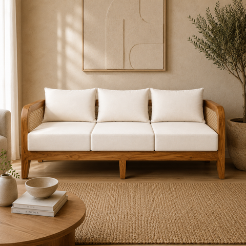 Solara Rattan Sofa | Sheesham Wood & Cane 3-Seater | Oakvello