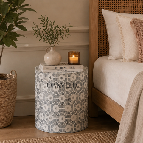 Pearl Star Bone Inlay Round Bedside Table
