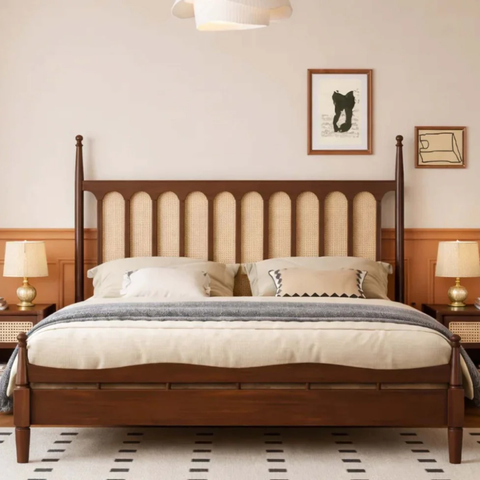 Lumis Arch Bed | Mango Wood & Rattan Cane Four-Poster Bed | Oakvello