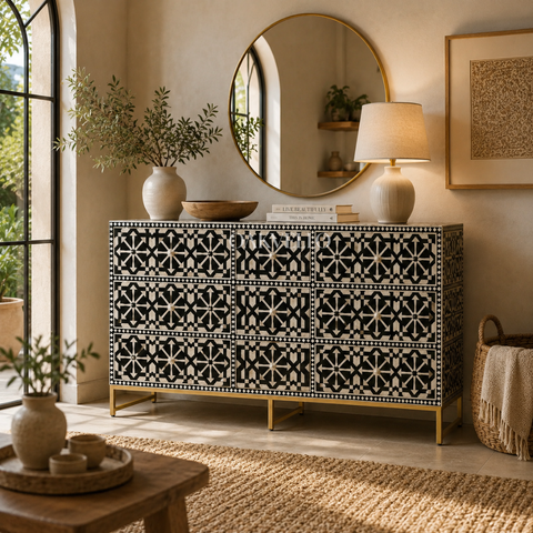 Bone Inlay Geometric 9-Drawer Sideboard – Black & White