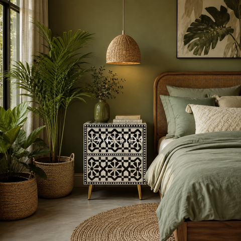 Bone Inlay Geometric Star 2-Drawer Bedside Table – Black & White