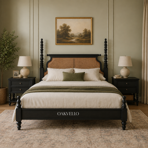 Manor Rattan Poster Bed | Solid Mango Wood & Cane Four-Poster Bed