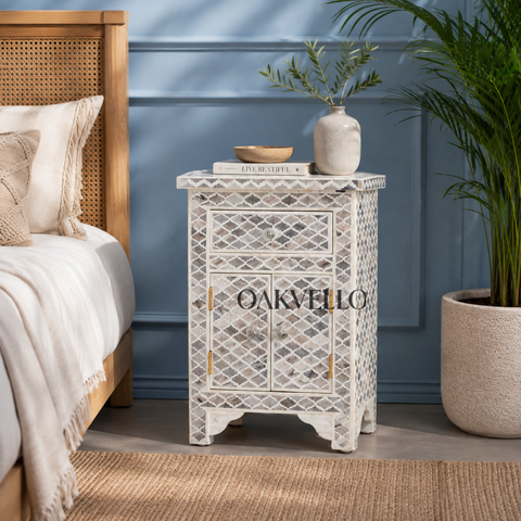 Bone Inlay Moroccan Trellis 1-Drawer 2-Door Bedside Cabinet – Grey & White