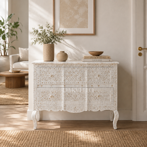 Bone Inlay Floral Chest of Drawers – White