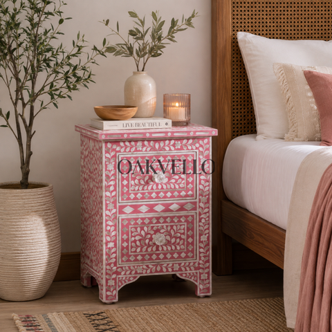 Blush Rose Floral Bone Inlay 2-Drawer Bedside Table