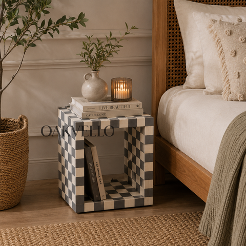 Checkerboard Bone Inlay Open Cube Bedside Table