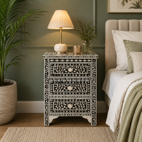 Noir Bloom Bone Inlay Bedside Table