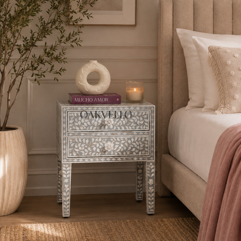 Ivory Floral Bloom Bone Inlay Bedside Table with Double Drawers