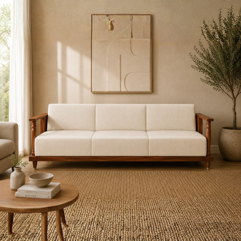 Crest Wood Sofa | Sheesham Wood & Cane 3-Seater Sofa | Oakvello