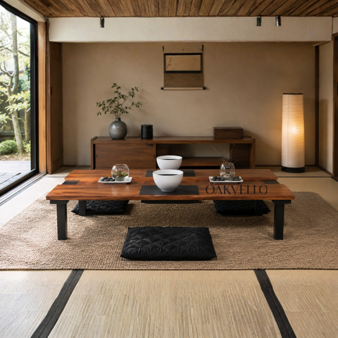 Shizen Low Table | Solid Wood Floor Dining Table with Metal Legs