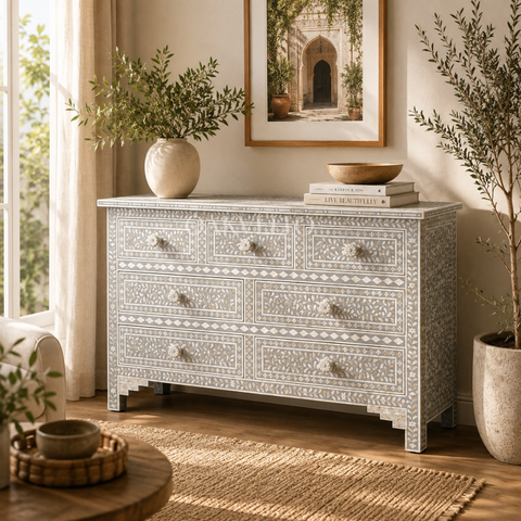 Grey Floral Bone Inlay 7-Drawer Chest of Drawers