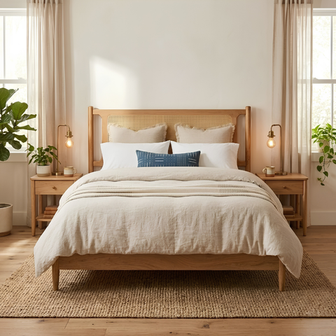 Lumara Cane Platform Bed | Natural Cane Headboard & Solid Wood Frame