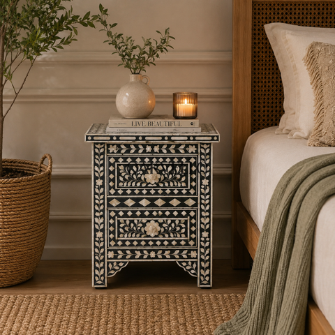 Midnight Bloom Bone Inlay Bedside Table