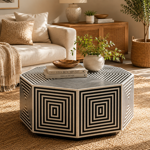 Octagonal Bone Inlay Geometric Coffee Table | Black & White |