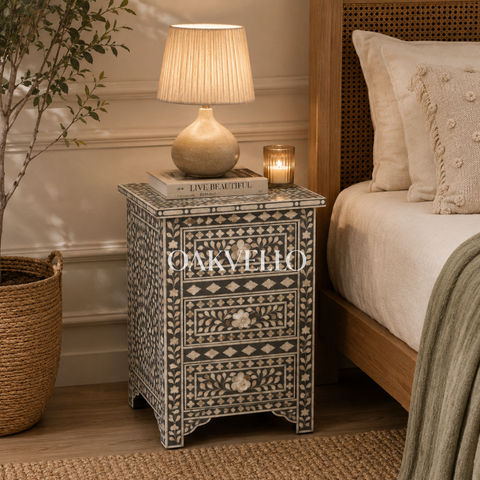 Charcoal Floral Vine Bone Inlay Bedside Table with Three Drawers