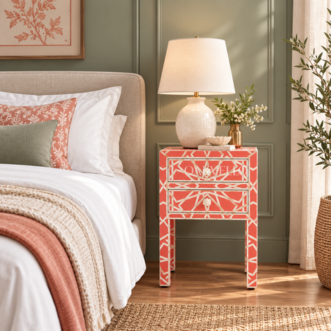 Bone Inlay 2-Drawer Nightstand – Coral Red Trellis & Geometric Pattern