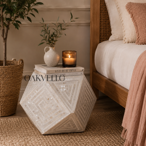 White Diamond Bone Inlay Geometric Hexagonal Side Table