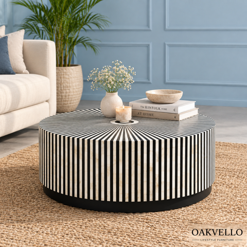 Serene Round Bone Inlay Coffee Table | Handcrafted Artisan Living Room Furniture – Oakvello